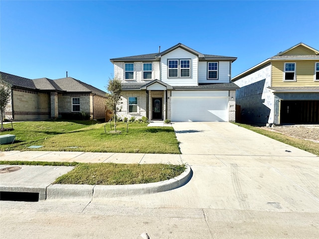 view of property featuring a garage and a front lawn