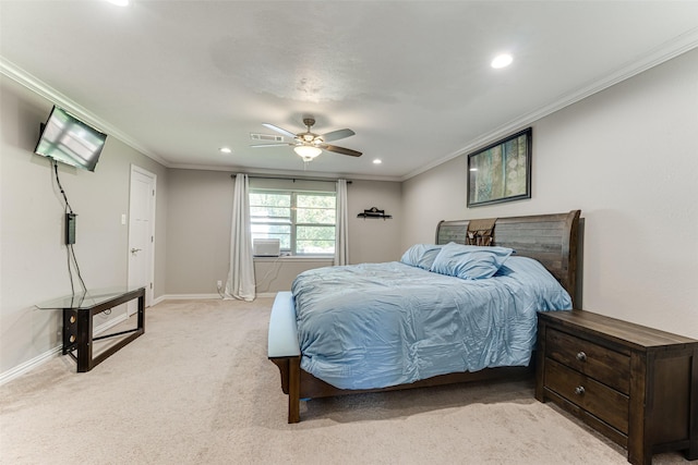1401 Crescent Dr, Sherman, TX 75092 - bedroom featuring crown molding, recessed lighting, light carpet, baseboards, and a ceiling fan