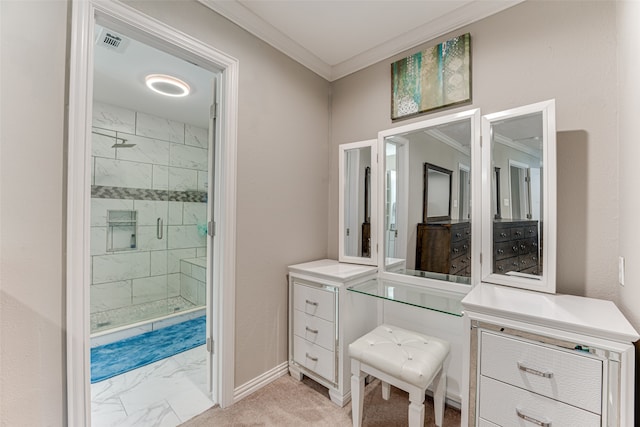 bathroom featuring crown molding and an enclosed shower