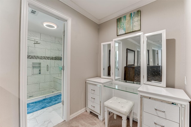 1401 Crescent Dr, Sherman, TX 75092 - bathroom featuring ornamental molding, a stall shower, marble finish floors, and baseboards