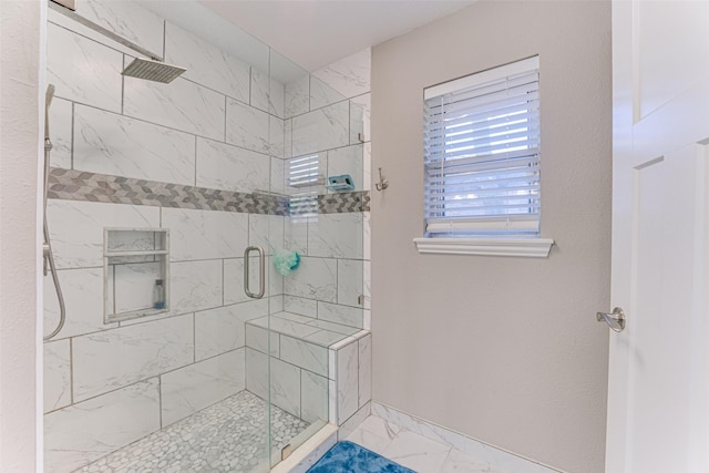 1401 Crescent Dr, Sherman, TX 75092 - full bathroom with marble finish floors, a stall shower, and baseboards