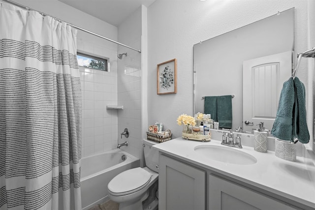 full bathroom with toilet, vanity, and shower / bath combination with curtain