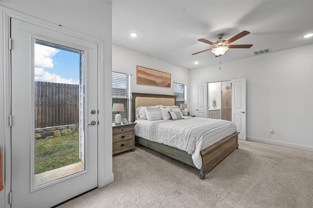 bedroom featuring light carpet, ceiling fan, and access to exterior