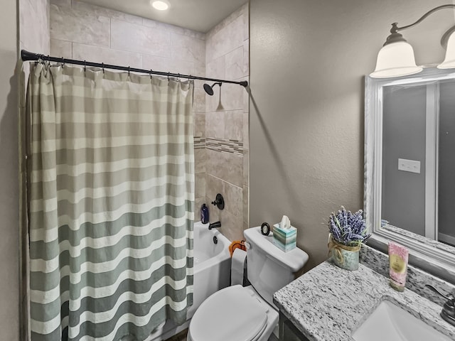 full bathroom with shower / bath combo with shower curtain, vanity, and toilet