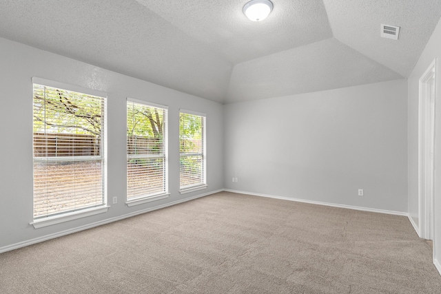 spare room featuring lofted ceiling, a textured ceiling, and light colored carpet