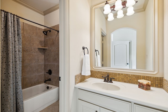 bathroom featuring tasteful backsplash, vanity, shower / bath combination with curtain, and ornamental molding