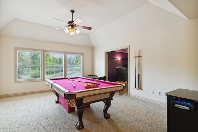 rec room with lofted ceiling, carpet, ceiling fan, and billiards