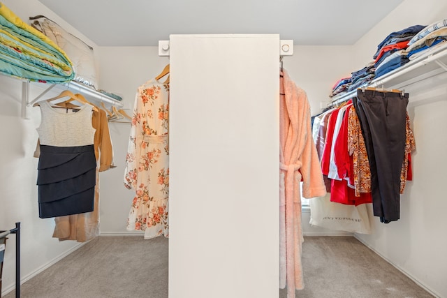 walk in closet with light carpet