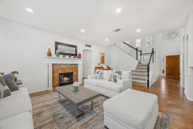 living room with a fireplace