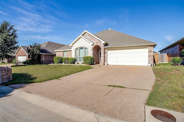 ranch-style house featuring a garage and a front lawn