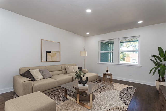 living room with dark hardwood / wood-style flooring