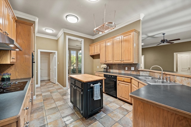 kitchen featuring black appliances, sink, tasteful backsplash, ornamental molding, and wood counters