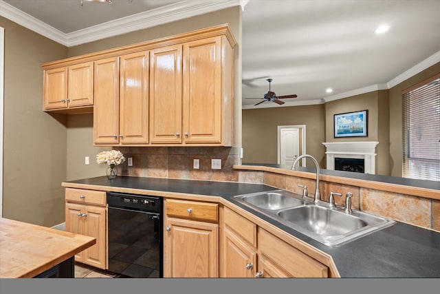 kitchen with tasteful backsplash, sink, black dishwasher, and crown molding