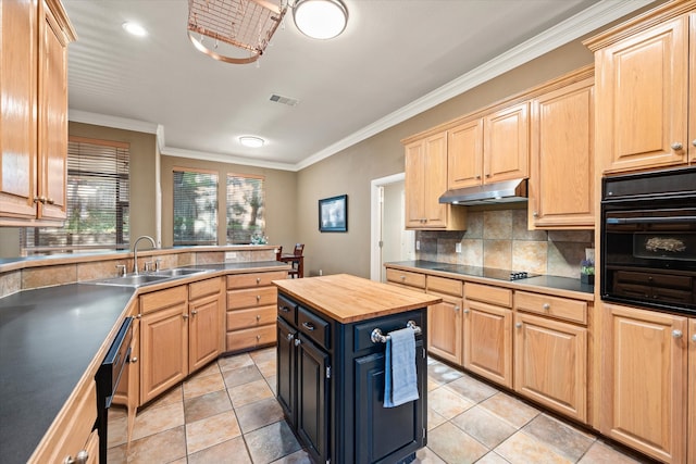 kitchen with black appliances, ornamental molding, butcher block counters, light brown cabinets, and sink