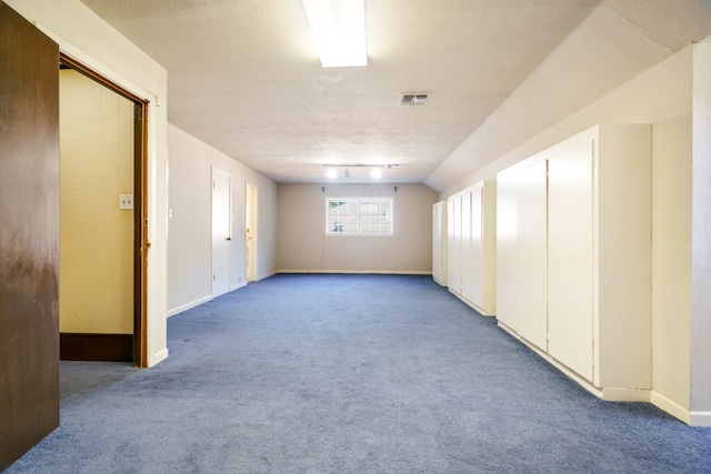 carpeted spare room featuring lofted ceiling and a textured ceiling