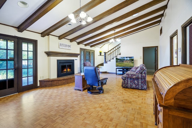 living room with light parquet flooring, french doors, beam ceiling, high vaulted ceiling, and a chandelier