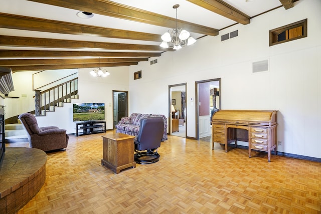 living room featuring light parquet floors, beamed ceiling, high vaulted ceiling, and a chandelier