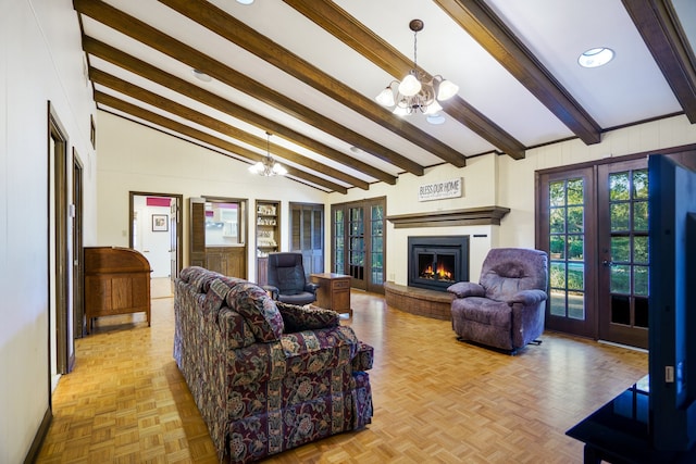 living room with light parquet flooring, french doors, vaulted ceiling with beams, and an inviting chandelier