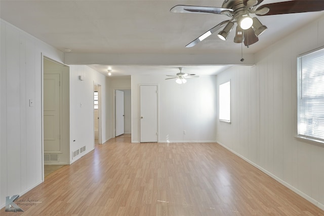 spare room with light hardwood / wood-style floors, wood walls, and ceiling fan