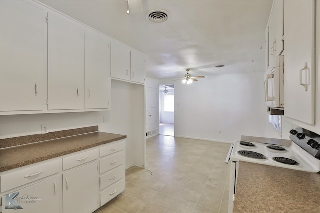 kitchen featuring white cabinetry, white appliances, and ceiling fan