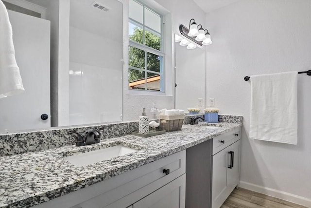 bathroom with vanity and wood-type flooring