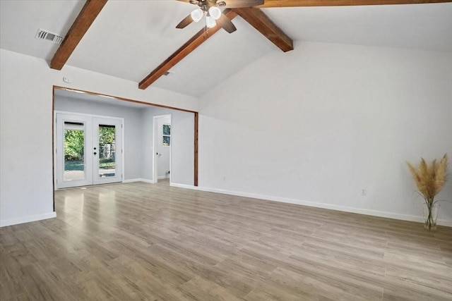 interior space featuring french doors, light wood-type flooring, vaulted ceiling with beams, and ceiling fan