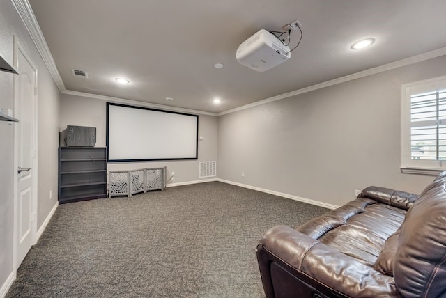 carpeted cinema with crown molding