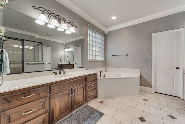 bathroom with shower with separate bathtub, vanity, tile patterned floors, and crown molding