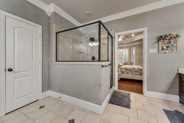 bathroom featuring tile patterned floors, a shower with door, ornamental molding, and ceiling fan