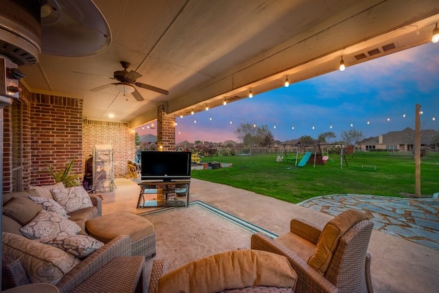 view of patio / terrace featuring a playground and outdoor lounge area