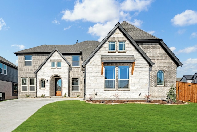 french provincial home with roof with shingles, fence, a front lawn, and brick siding