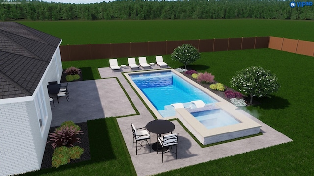 view of swimming pool featuring a fenced backyard, a patio, a lawn, and an in ground hot tub