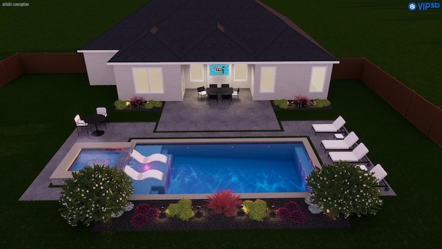 outdoor pool featuring a fenced backyard, a lawn, and a patio