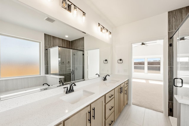 full bathroom featuring a wealth of natural light, a sink, and a stall shower