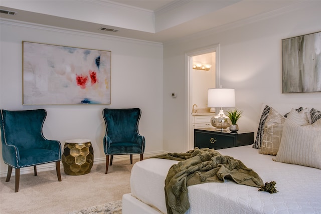 living area featuring light colored carpet and crown molding