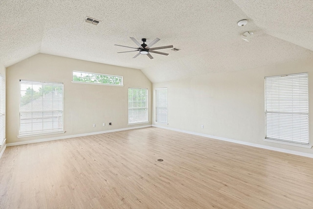 unfurnished living room featuring lofted ceiling, light wood-type flooring, visible vents, and ceiling fan