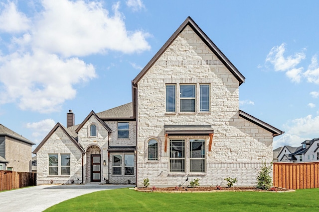 french country home featuring a front yard, fence, and a chimney