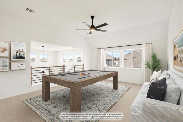 living room featuring carpet floors and vaulted ceiling