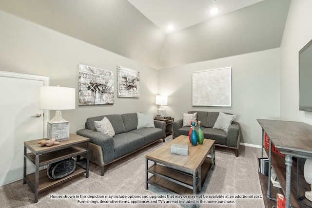 living room featuring carpet flooring and vaulted ceiling