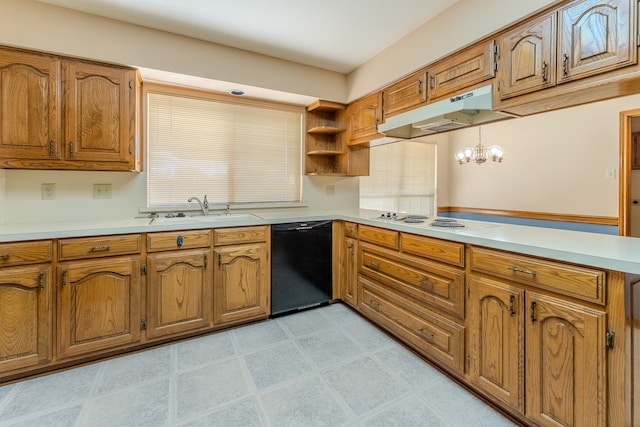 kitchen featuring white stovetop, sink, black dishwasher, a notable chandelier, and kitchen peninsula