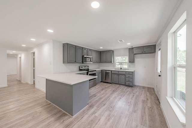 kitchen featuring stainless steel appliances, light wood-type flooring, gray cabinets, sink, and kitchen peninsula