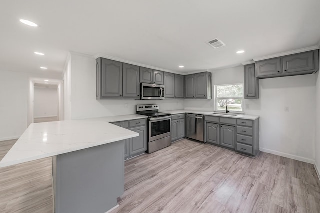 kitchen featuring gray cabinets, stainless steel appliances, and kitchen peninsula