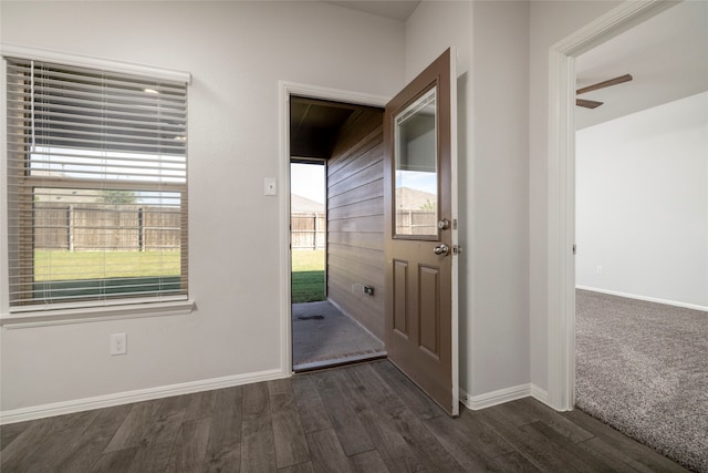 entryway featuring ceiling fan, a healthy amount of sunlight, and dark hardwood / wood-style flooring