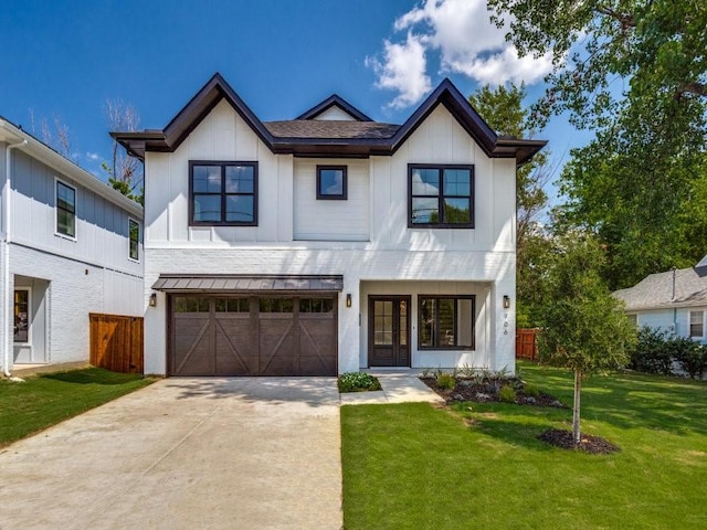 modern farmhouse style home with a garage and a front yard