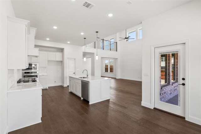 interior space with a fireplace, a high ceiling, and a healthy amount of sunlight