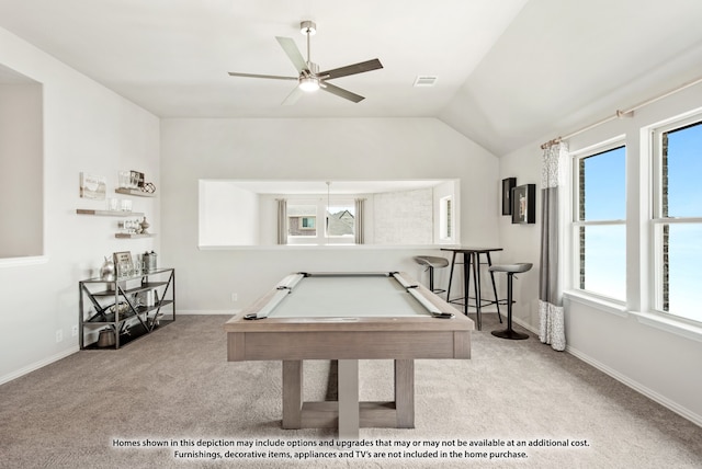 playroom featuring ceiling fan, light carpet, pool table, and vaulted ceiling