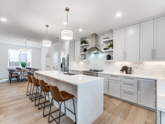 kitchen featuring white cabinetry, sink, wall chimney exhaust hood, pendant lighting, and a center island with sink