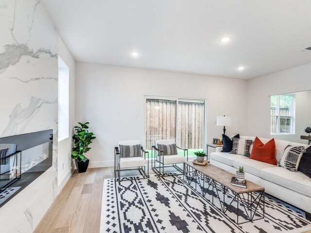 living room with light hardwood / wood-style floors and a premium fireplace