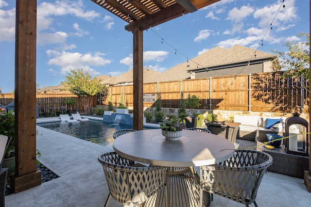 view of patio / terrace with outdoor lounge area, pool water feature, a fenced in pool, and a pergola