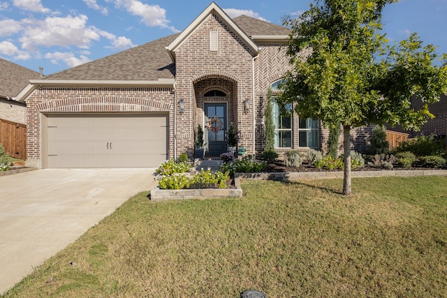 view of front of house featuring a front lawn and a garage